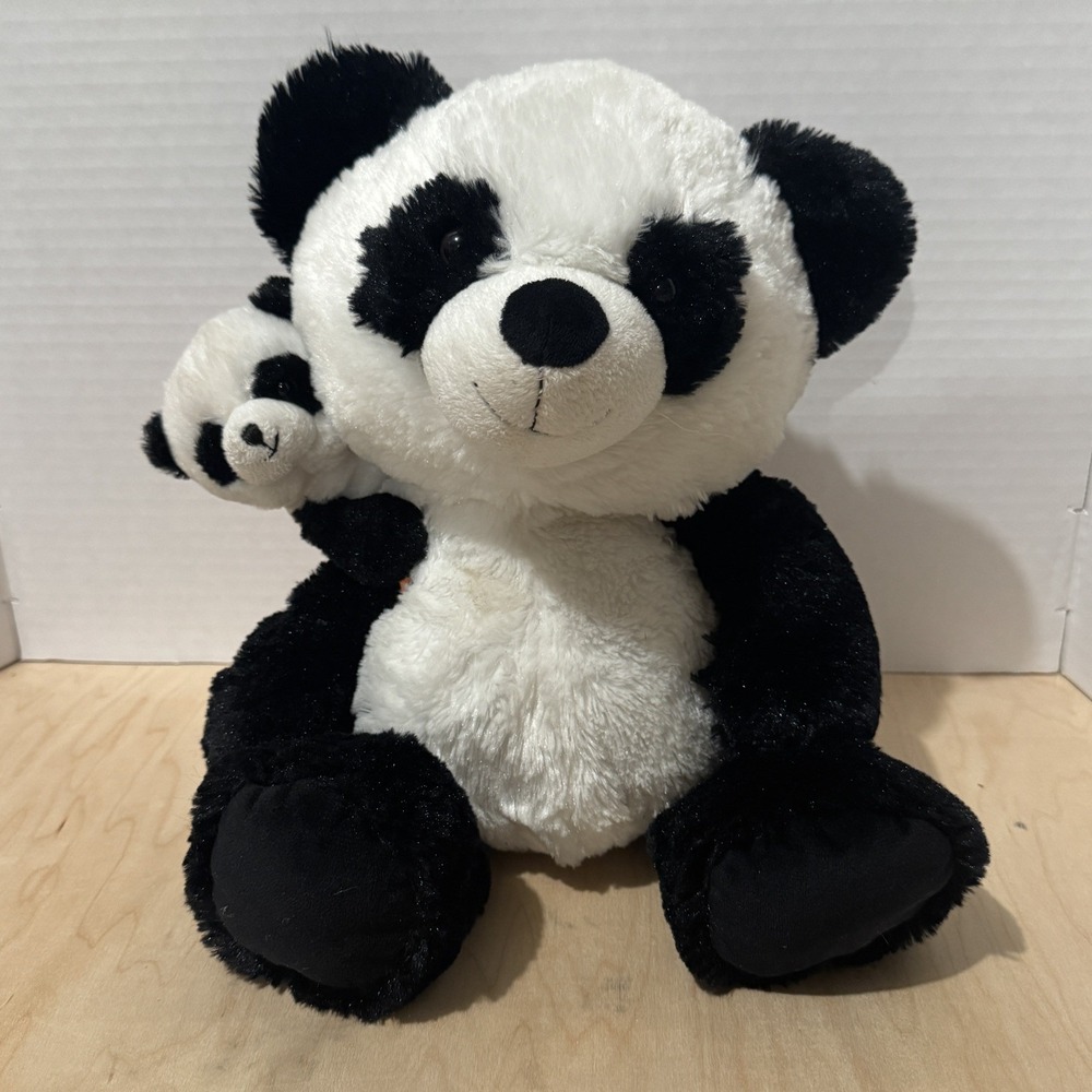 Hugfun Intl Mamma with Baby Panda on Her Back Plush Stuffed Animal Black 14in